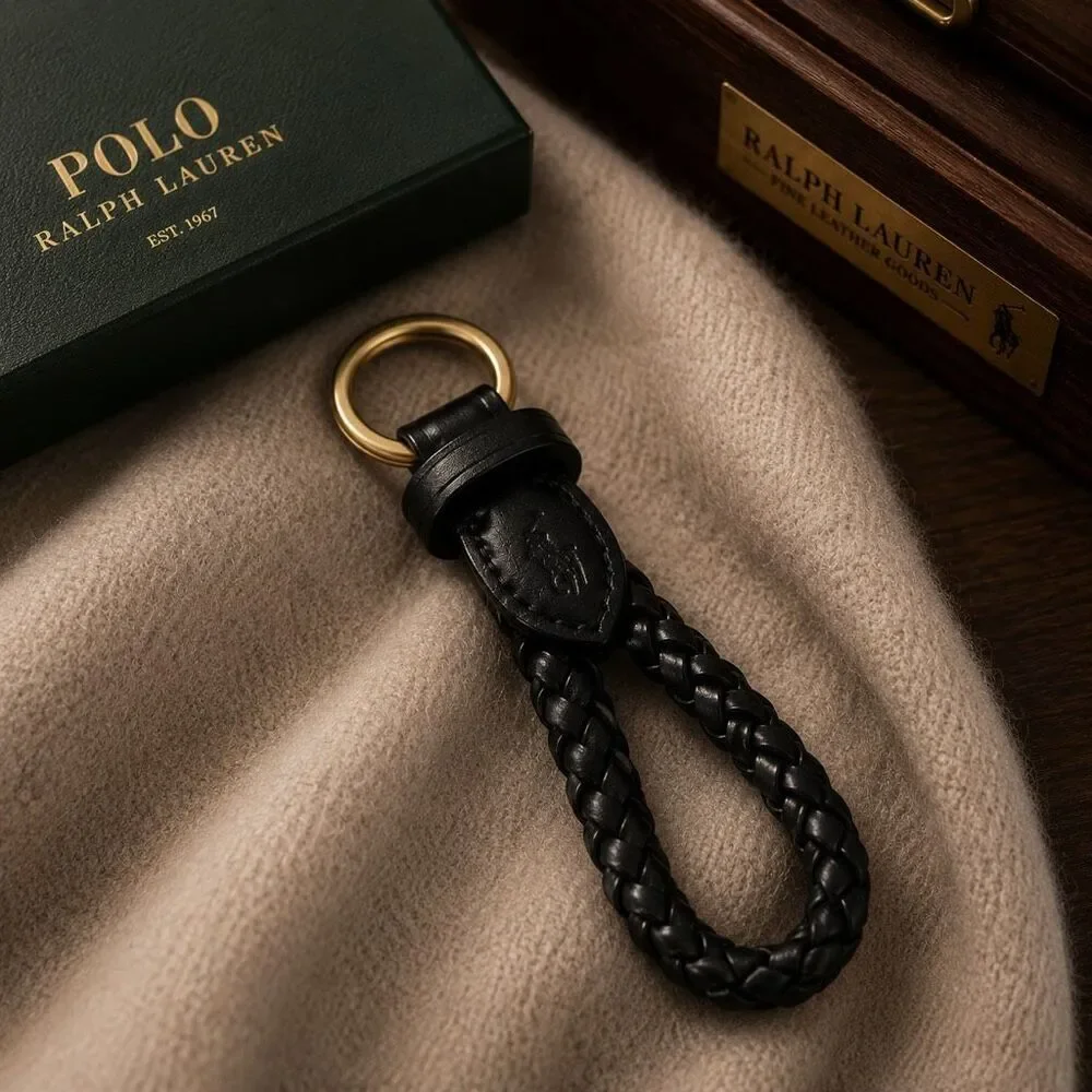Polo Ralph Lauren Braided Genuine Leather Key Chain Black Brass Ring NWT Pony